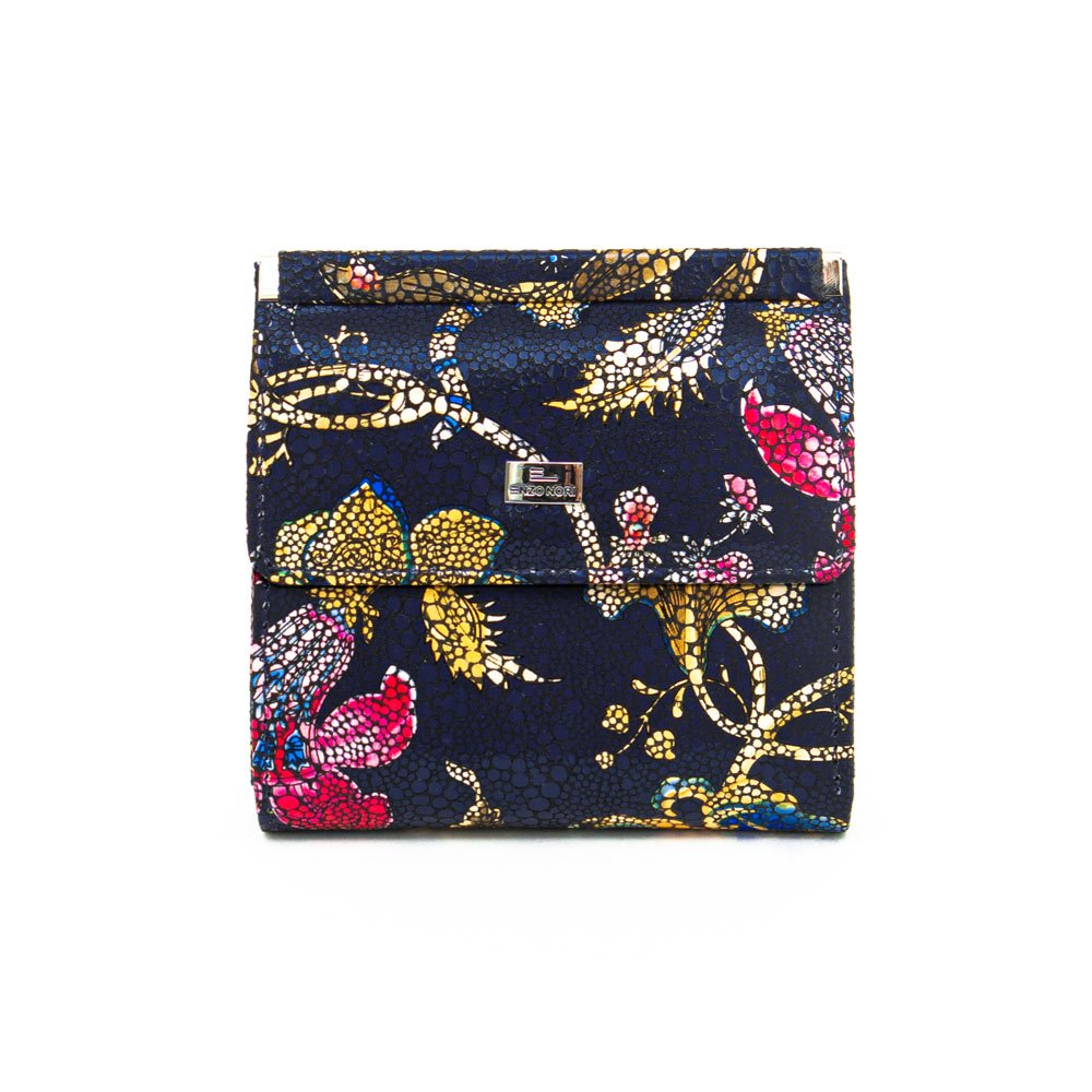 Малко дамско портмоне ENZO NORI модел MINI естествена кожа син с цветя